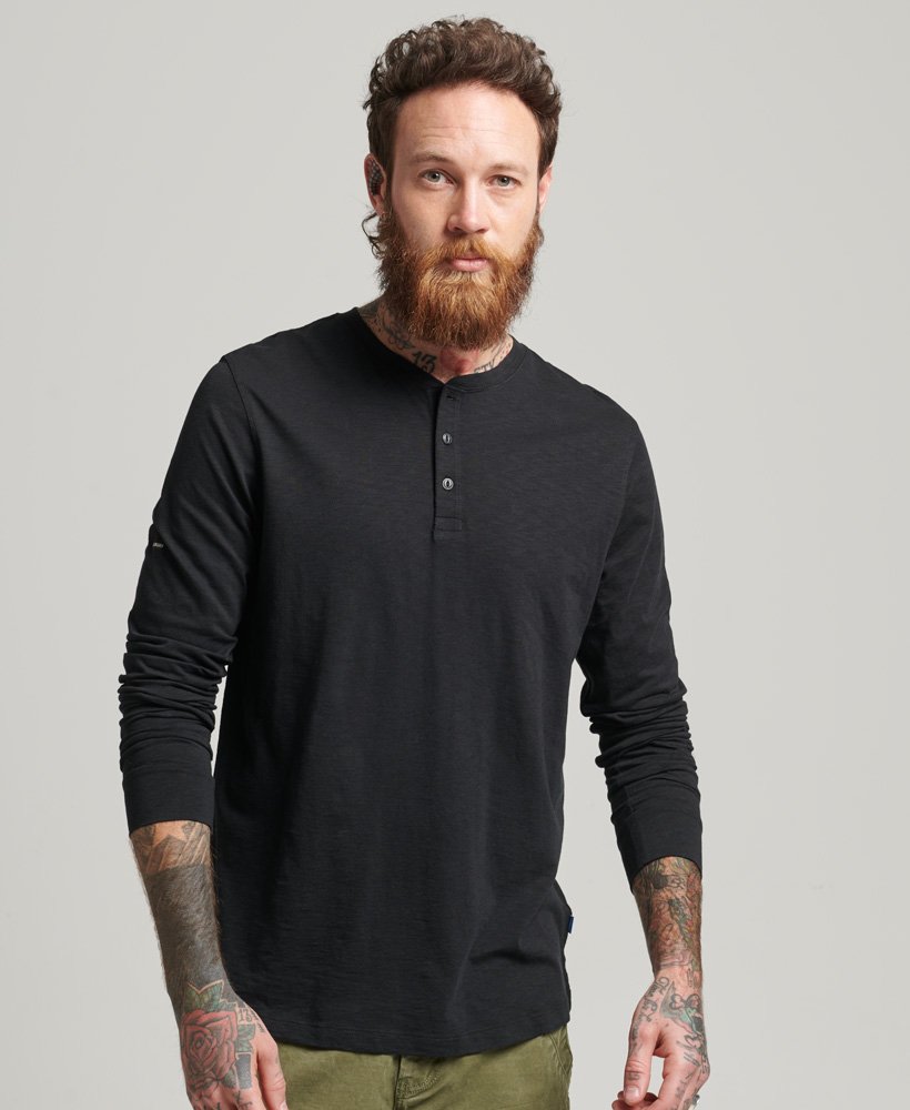 Men's Organic Cotton Studios Slub Long Sleeve Henley Top in Black