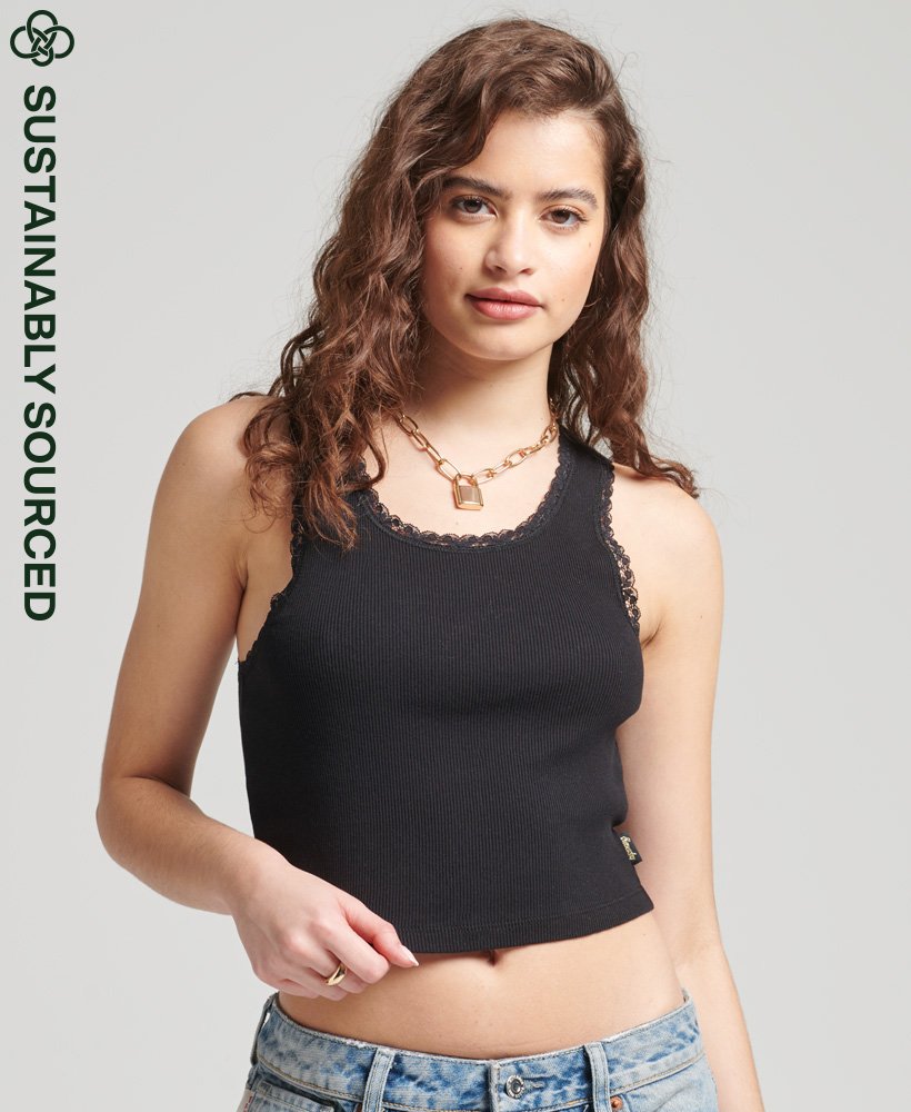 Womens - Organic Cotton Vintage Lace Trim Vest in Black | Superdry