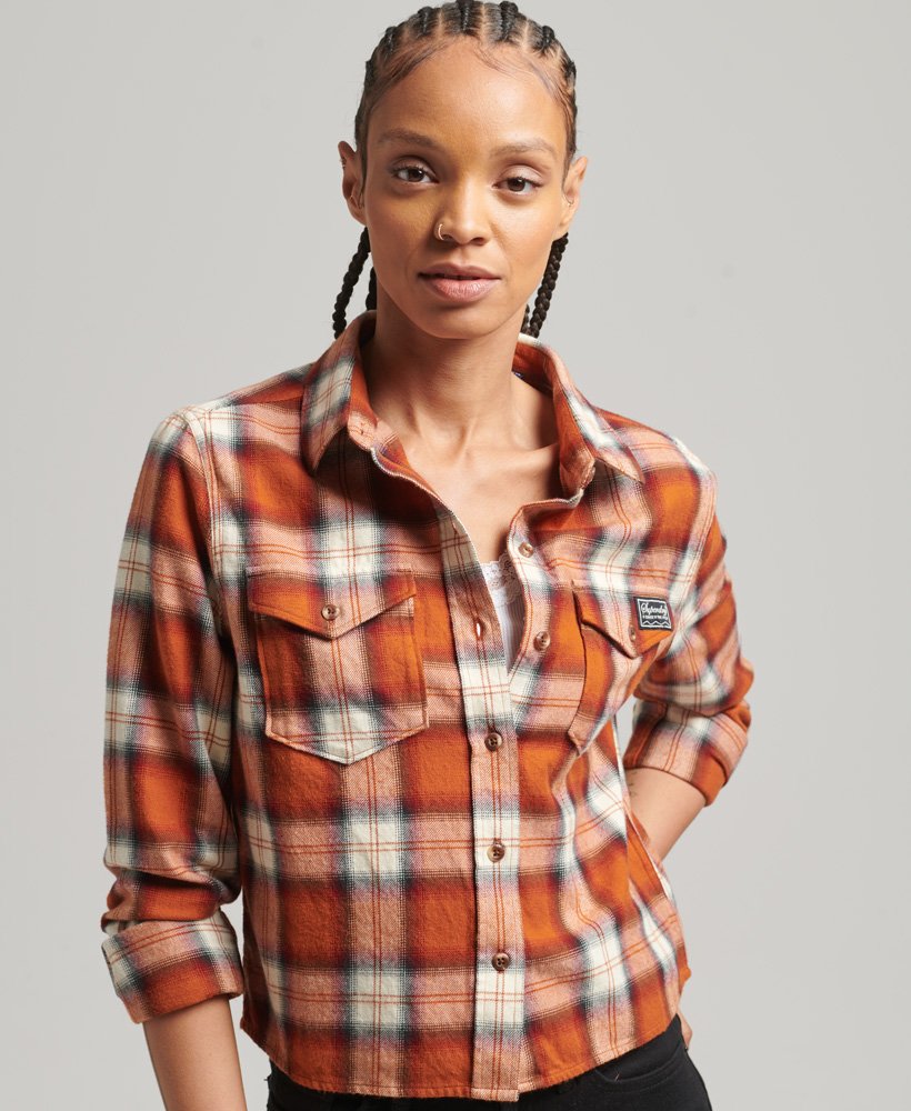 Women's Organic Cotton Cropped Flannel Check Shirt in Roderick Check Rusty  Orange