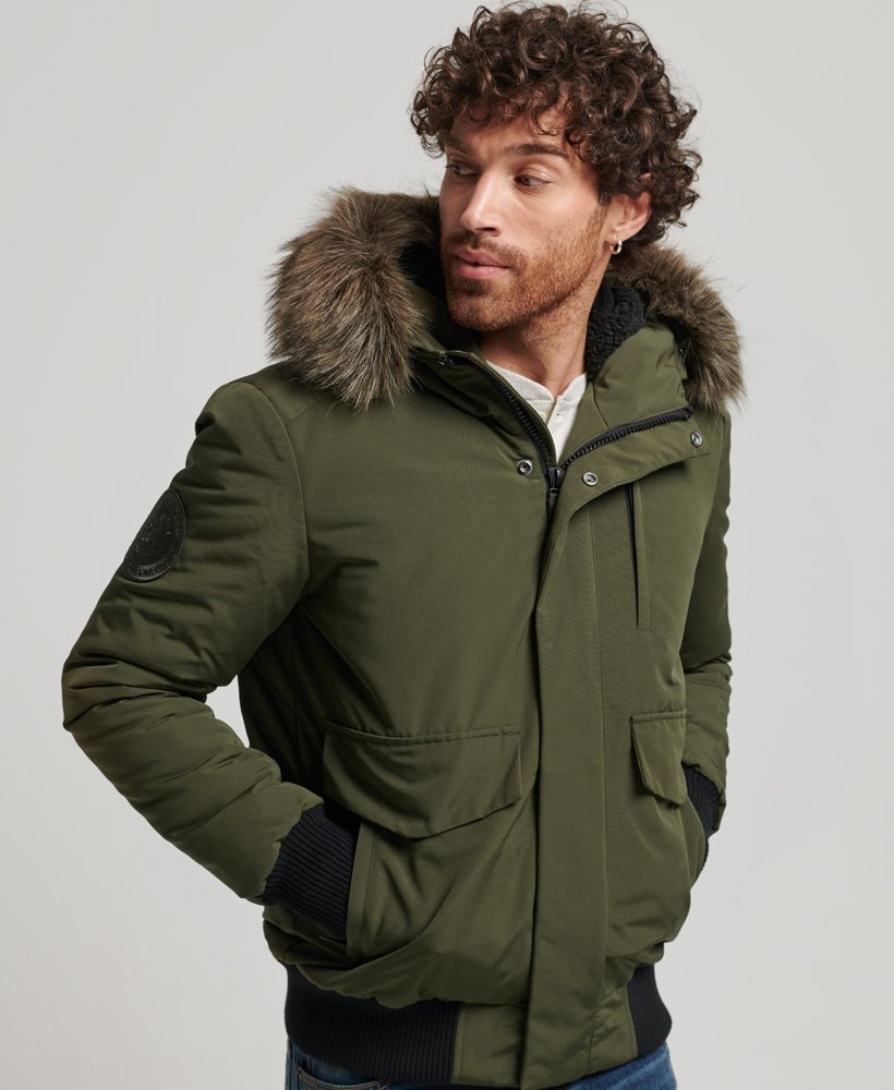 Mens green jacket shop with fur hood