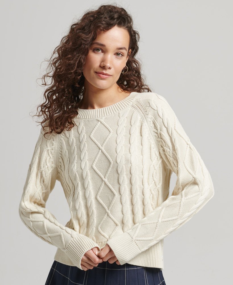 Womens - Cotton Cable Crew Jumper in Ecru | Superdry UK