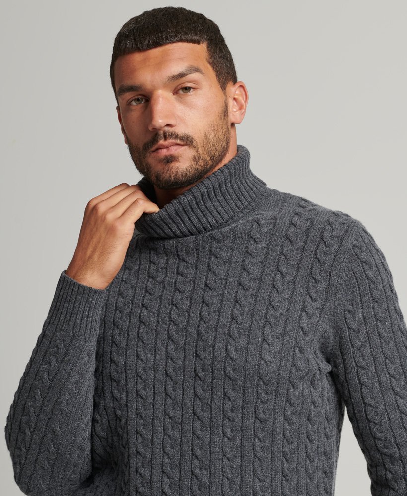 Mens - Cable Roll Neck Jumper in Tar Marl | Superdry UK