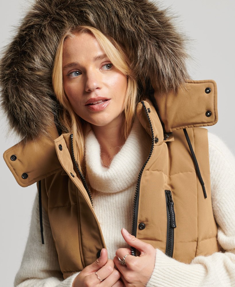 Sandstone Superdry Hooded Faux Fur Longline Puffer Gilet Brown Womens Clothing Jackets Waistcoats and gilets 