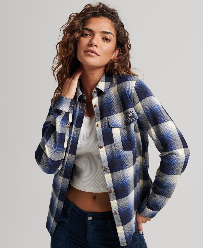 Women's Organic Cotton Check Flannel Shirt in Ombre Blue