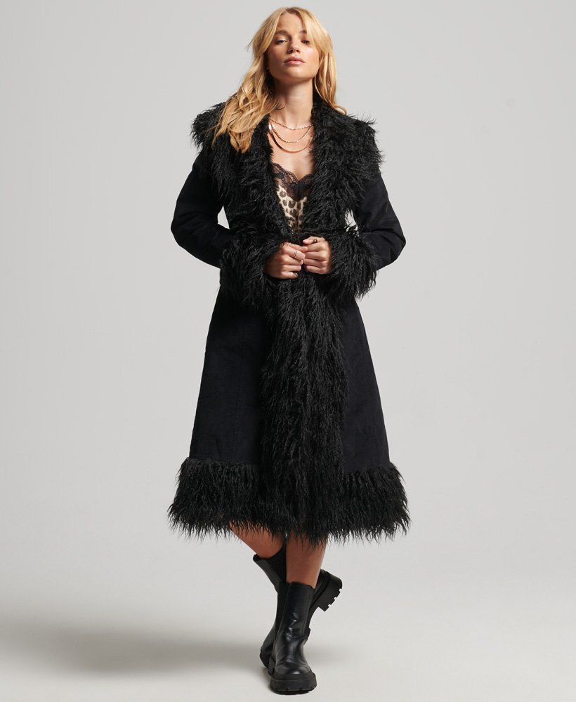 Womens - Faux Fur Lined Longline Afghan Coat in Black | Superdry UK