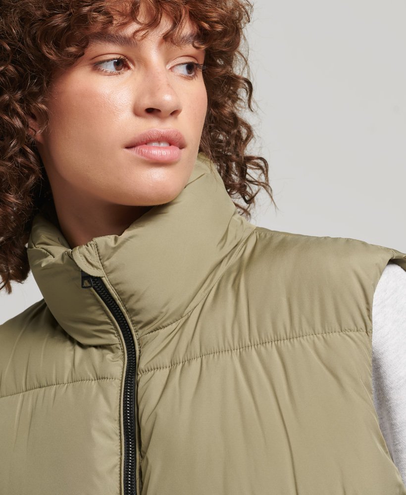Womens - Longline Hooded Quilted Gilet in Green | Superdry