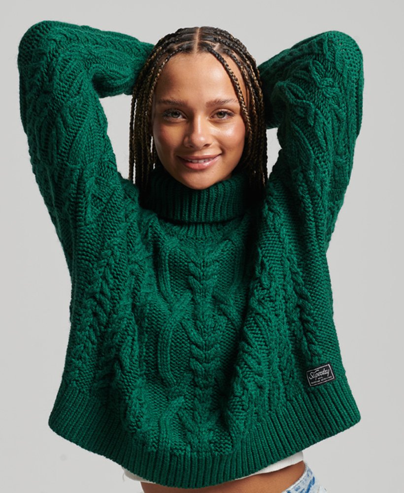 Womens - Cable Knit Polo Neck Jumper in Green | Superdry
