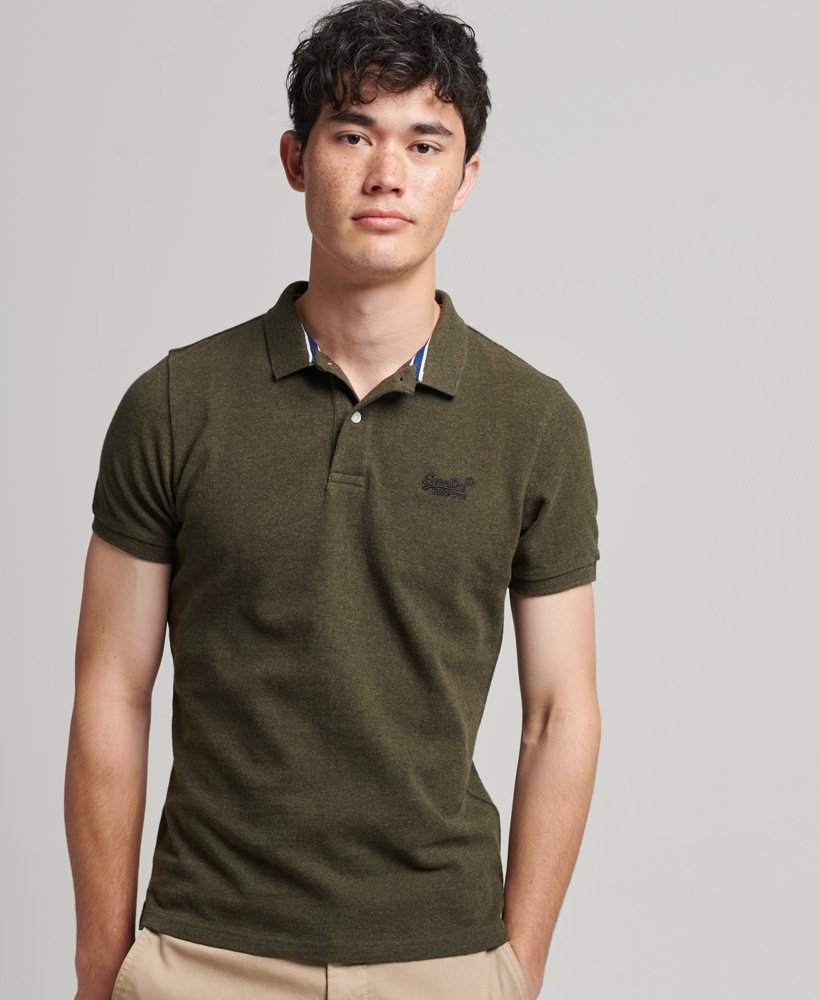 Men\'s Organic Cotton Essential | Superdry Classic Pique Polo Shirt US in Olive Marl