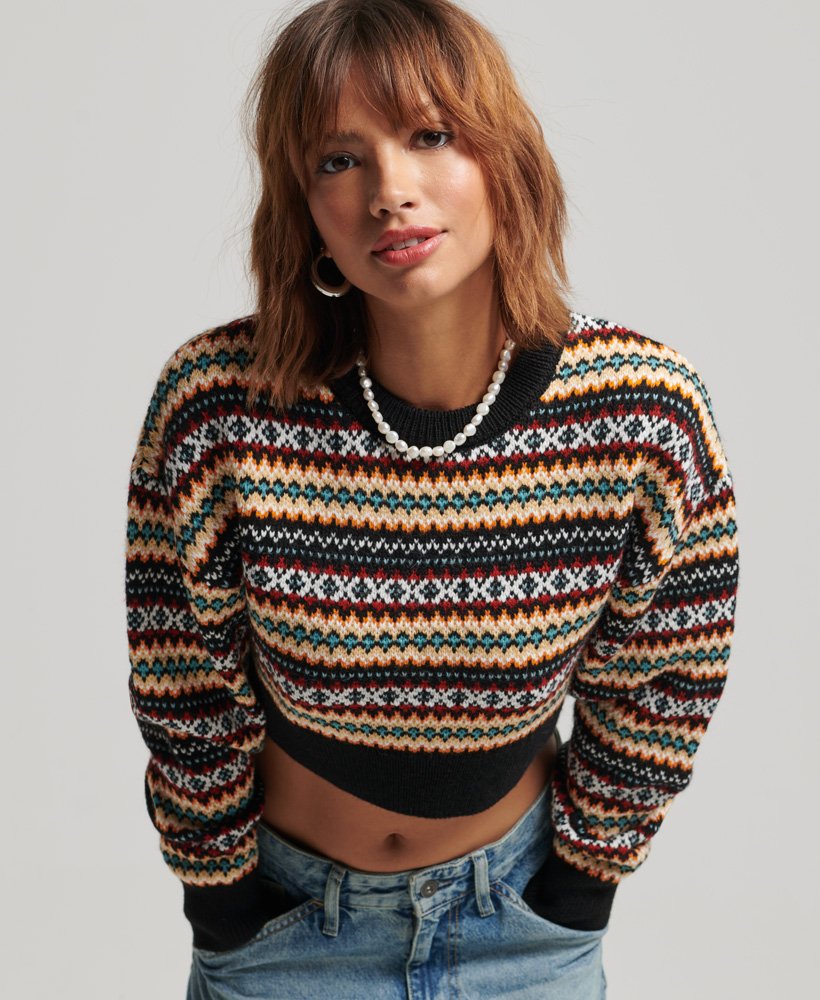 Womens Crop Fairisle Crew Jumper in Black Mix Fairisle Superdry IE