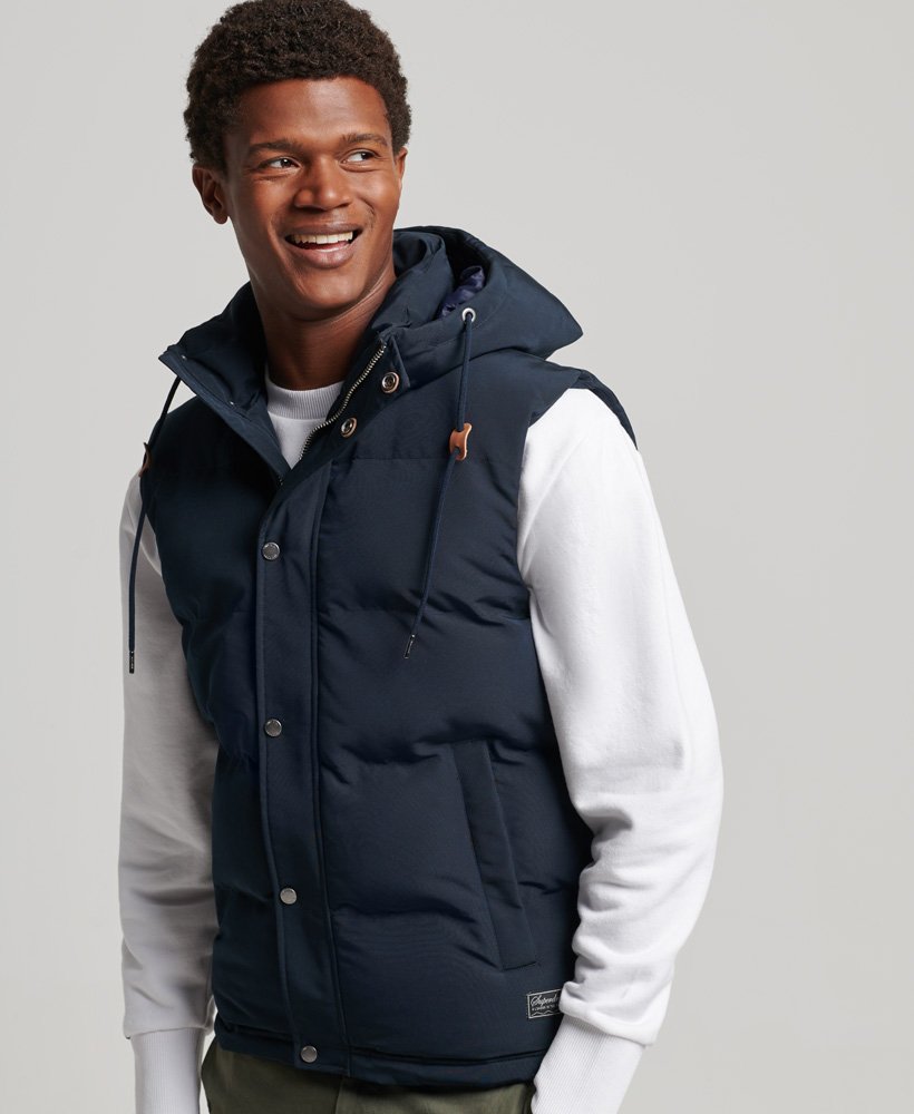 Men s Everest Hooded Puffer Gilet in Eclipse Navy Superdry UK