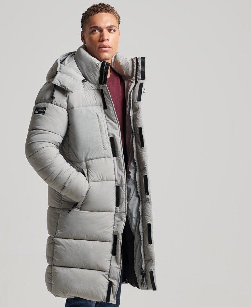 Men's Ripstop Longline Puffer Jacket in Football Grid Charcoal