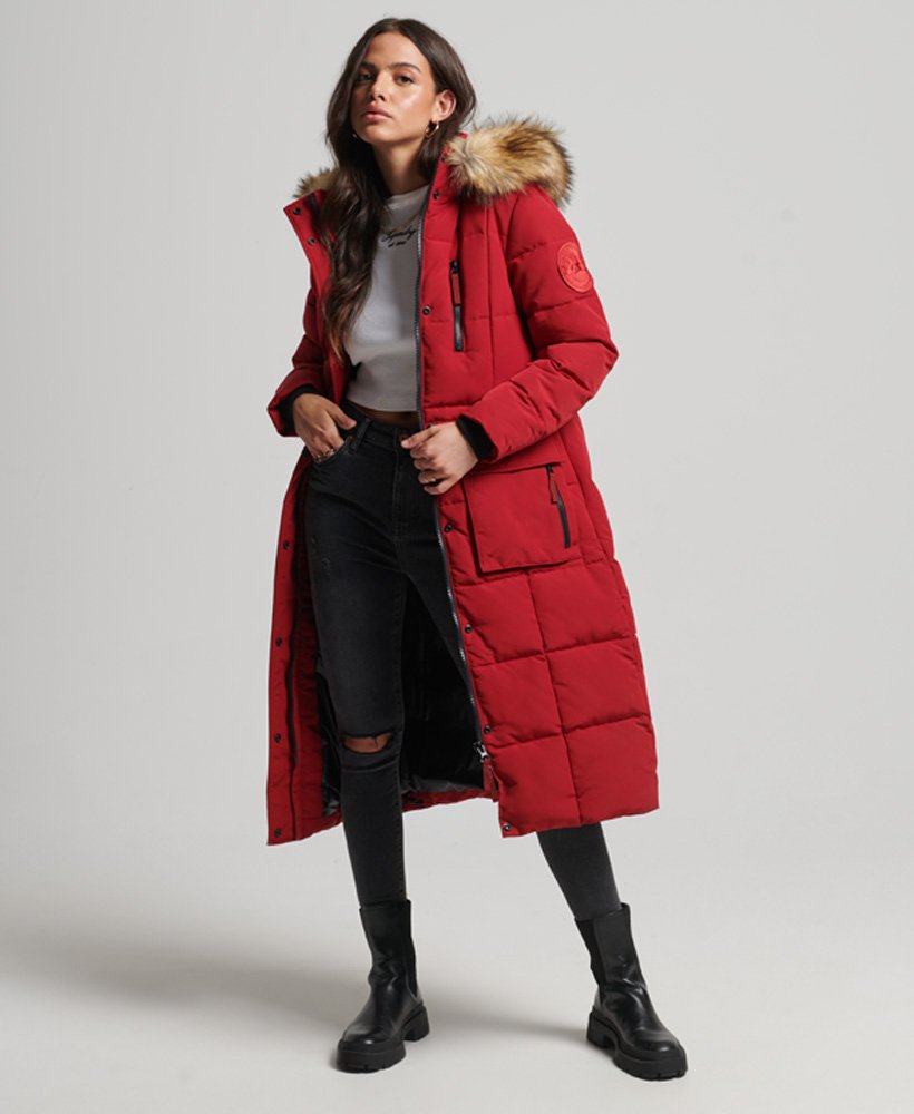 Womens - Longline Faux Fur Everest Coat in Red | Superdry UK