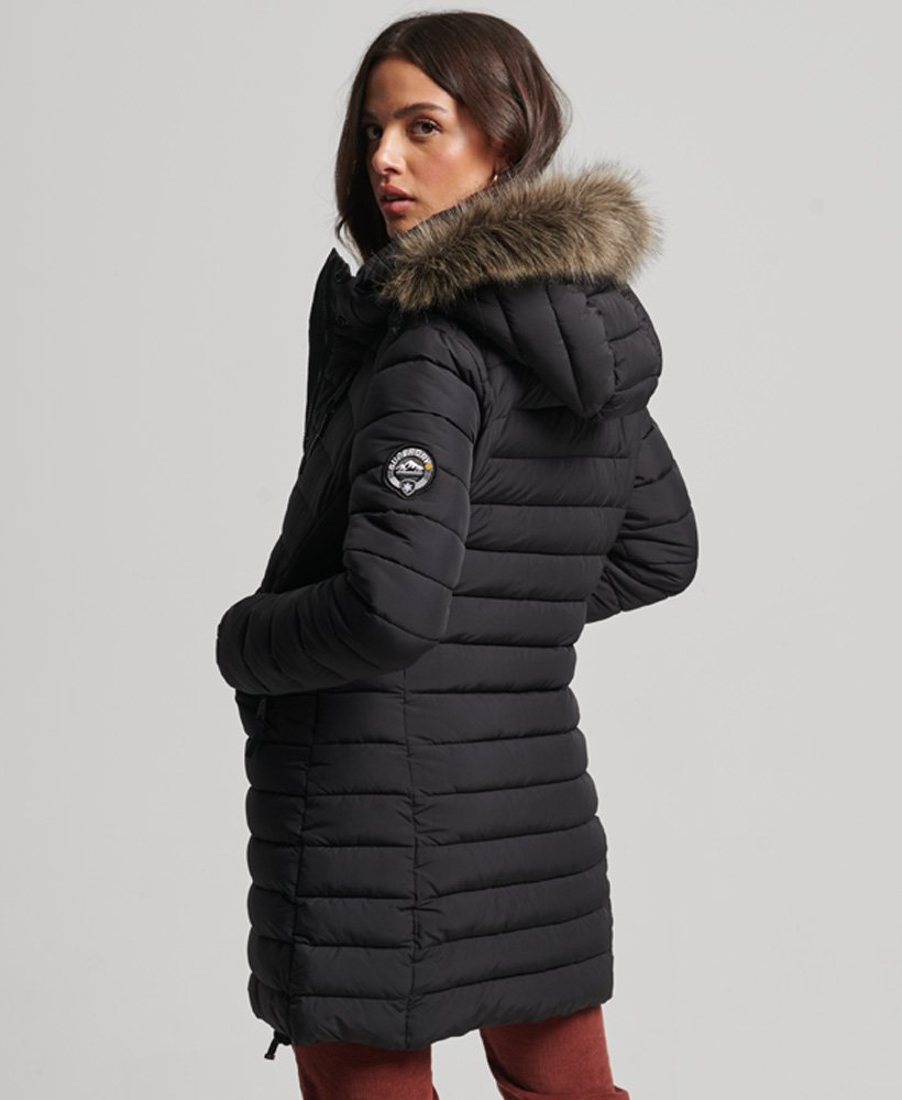 Women s Faux Fur Hooded Mid Length Puffer Jacket in Black