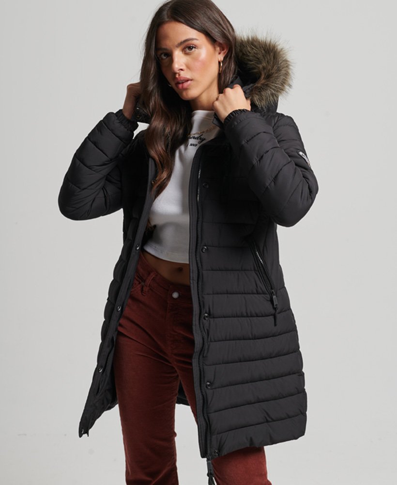 somersault Affectionate pyramid Womens - Faux Fur Hooded Mid Length Puffer Jacket in Black | Superdry