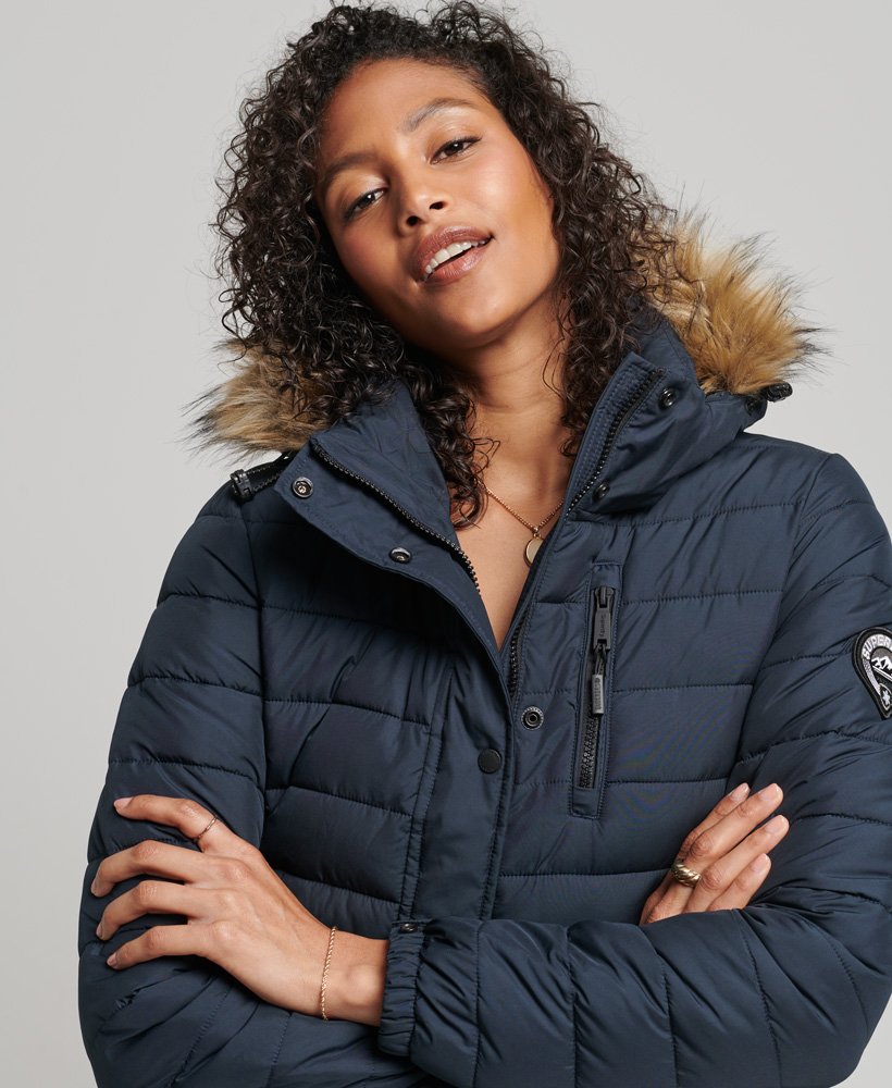 Ladies navy padded outlet coat with fur hood