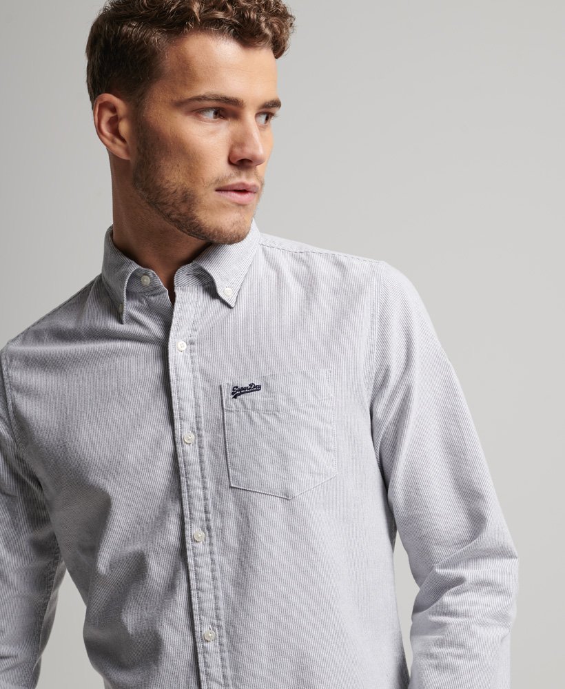 Men's - Organic Cotton Long Sleeve Oxford Shirt in Navy Ticking Stripe ...