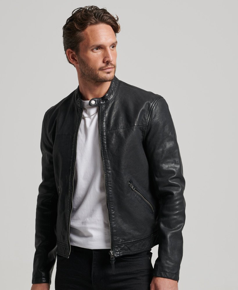 Men s Heritage Leather Sports Racer Jacket in Black Superdry IE