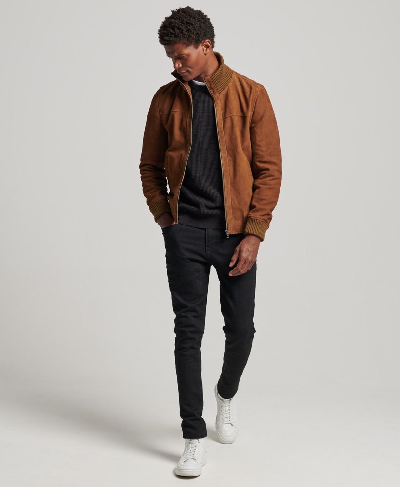 Men s Knit Collar Suede Bomber Jacket in Camel Superdry UK