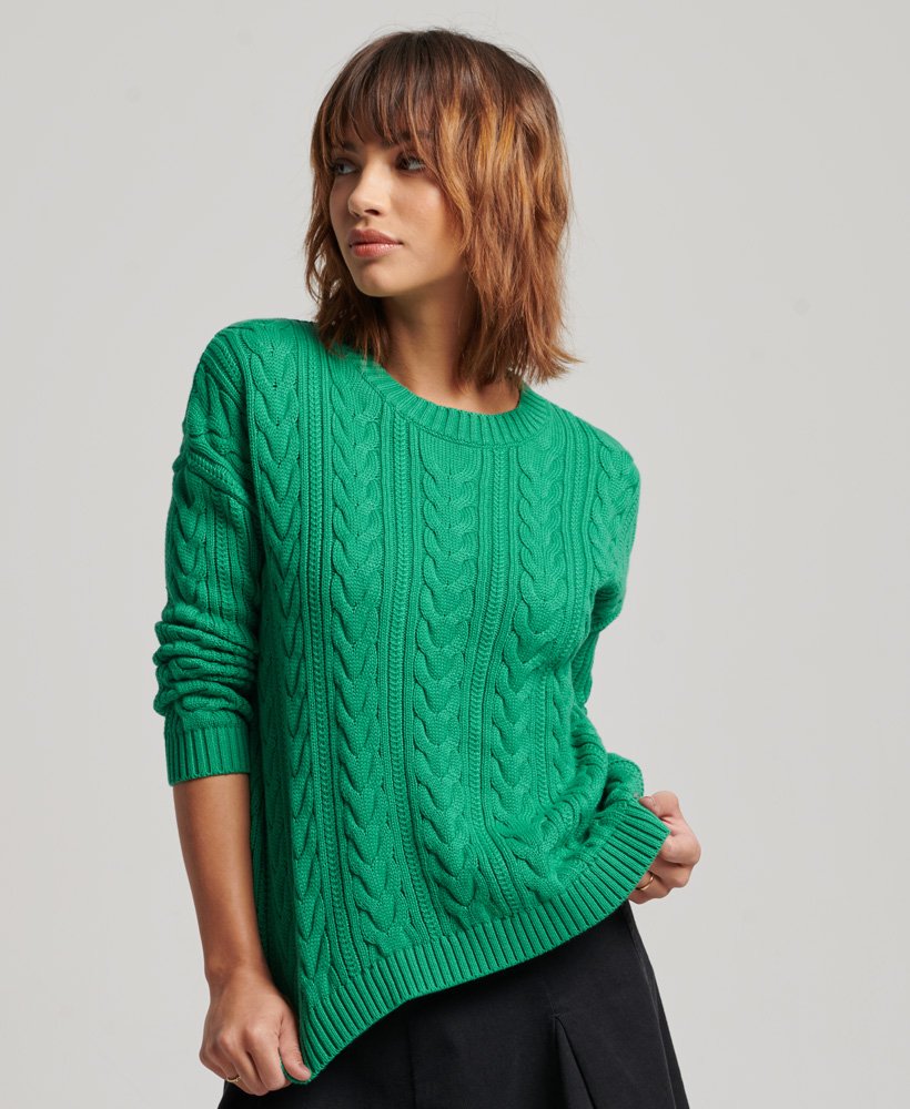 Womens Dropped Shoulder Cable Knit Crew Neck Jumper in Woodland Green Superdry UK