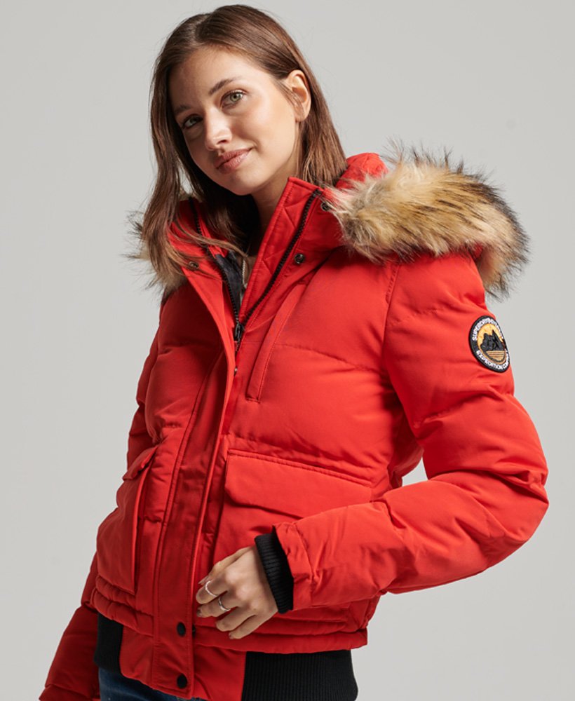 Womens Everest Hooded Puffer Bomber Jacket in High Risk Red