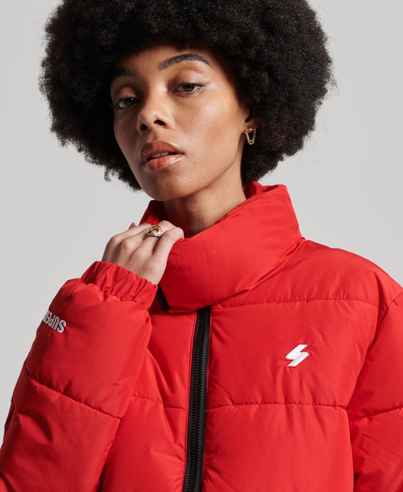 Womens - Longline Sports Puffer Jacket in Risk Red | Superdry UK