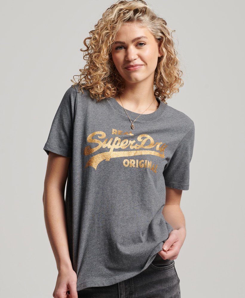 aus | Anthrazit mit Bio-Baumwolle Coll Schriftzug T-Shirt Superdry Meliert Sattes CH-DE Vintage Logo Damen