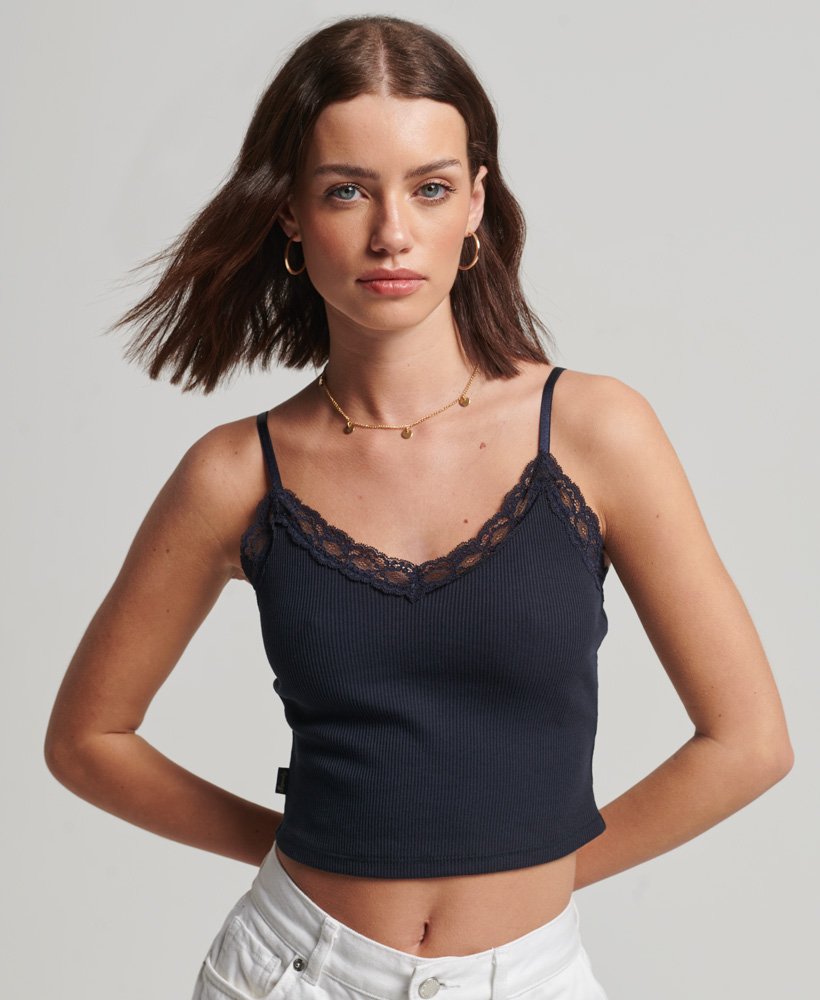 Women's Rib Lace Trim Cami Top in Eclipse Navy | Superdry US
