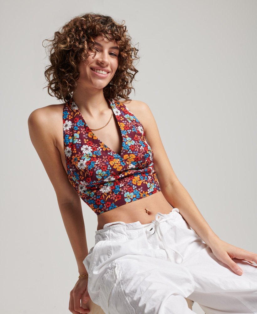 Sears, Tops, Vintage 7s Sears Cropped Floral Halter Top