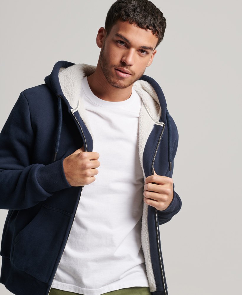 Mens - Essential Borg Lined Zip Hoodie in Navy | Superdry