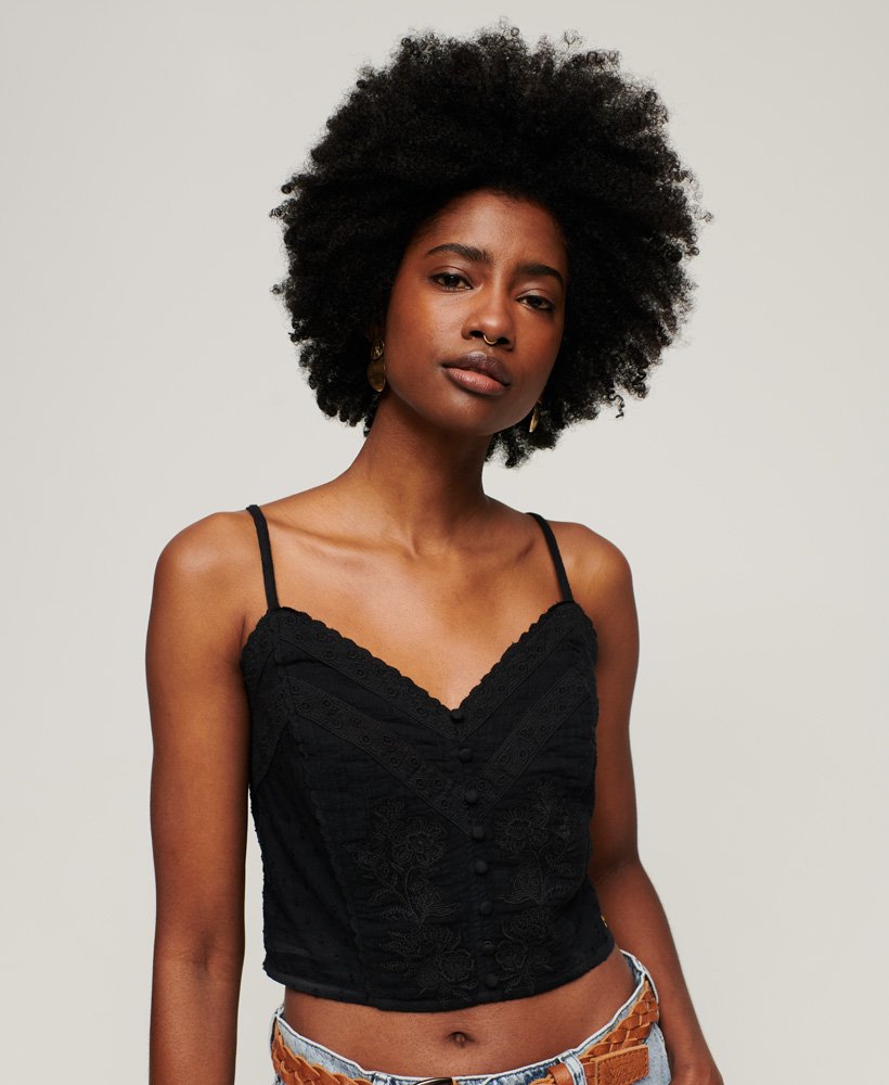 Women's Vintage Embroidered Cami Top in Black