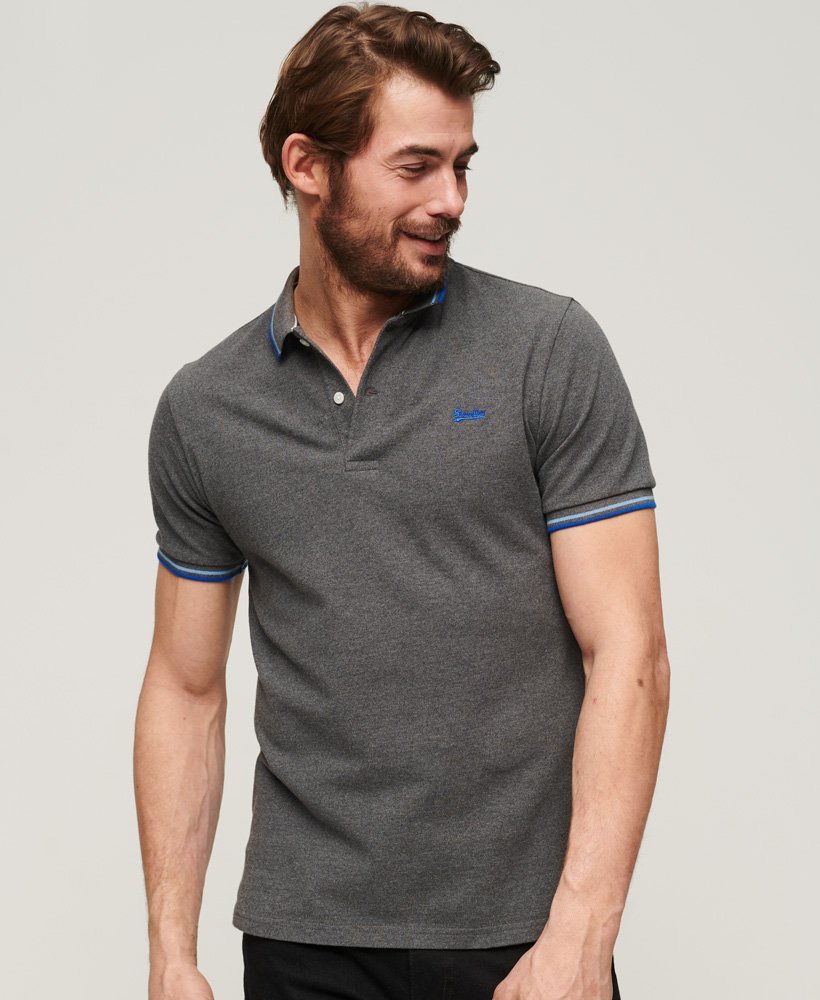 Men's Organic Cotton Vintage Tipped Polo Shirt in Rich Charcoal Marl/royal  | Superdry US