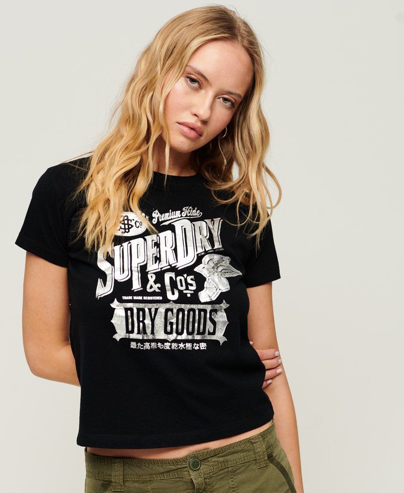 naaimachine naar voren gebracht Bezienswaardigheden bekijken Dames Workwear T-shirt met geschreven tekst Zwart | Superdry BE-NL