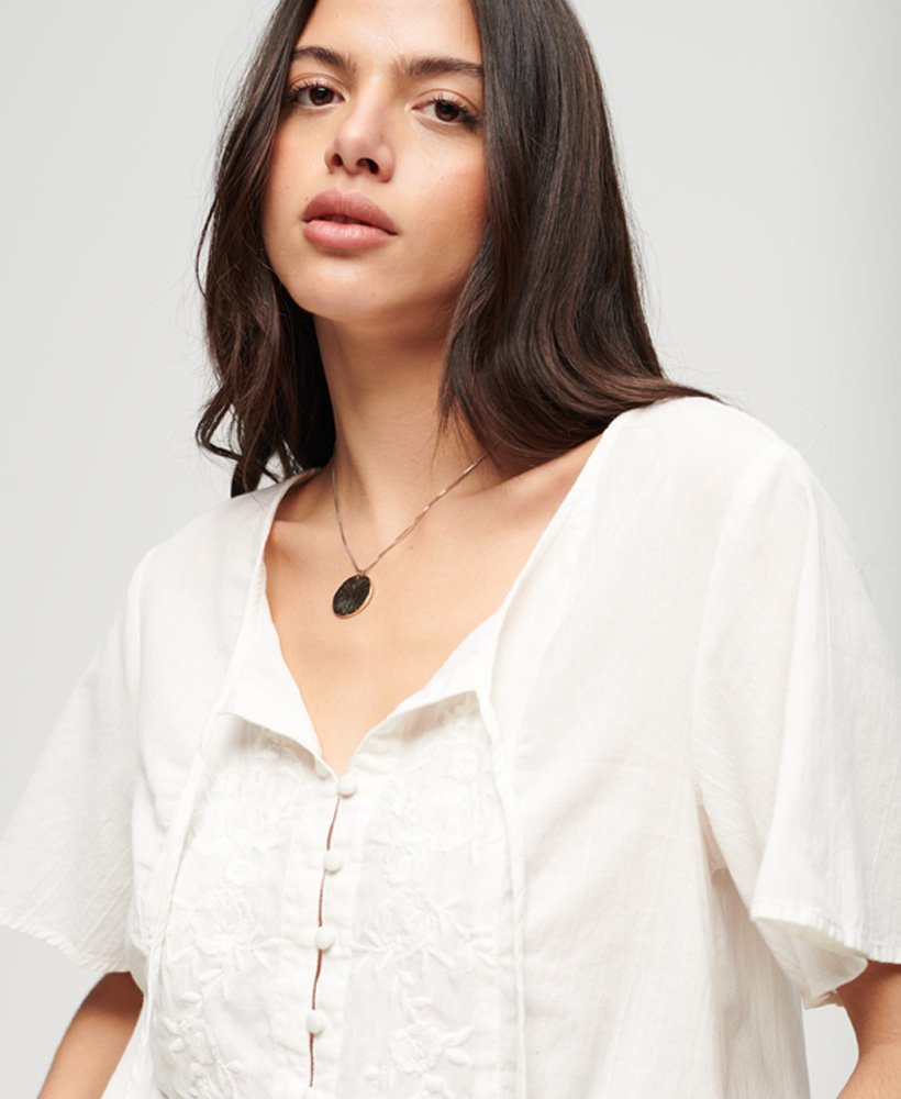 Womens - Short Sleeve Embroidered Button Top in Ecru | Superdry UK