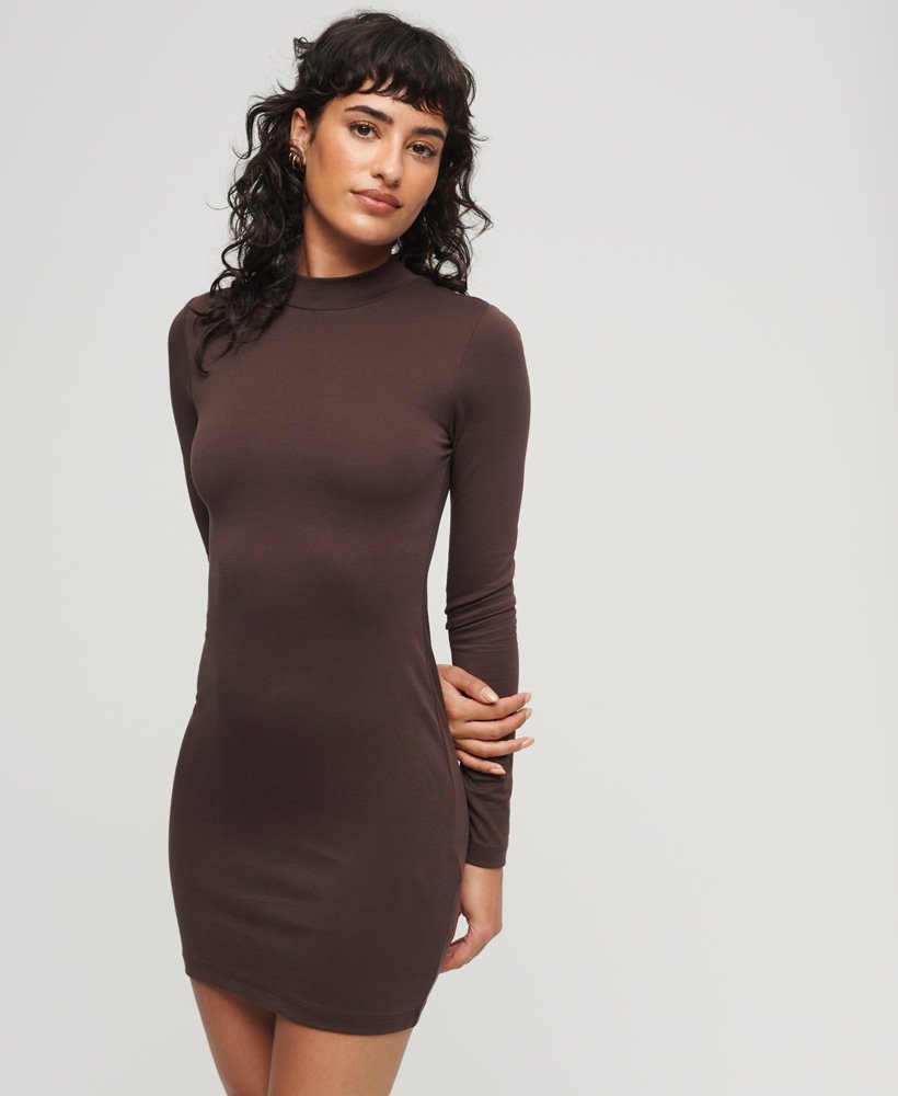 Womens - High Neck Long Sleeve Jersey Mini Dress in Puce Brown ...