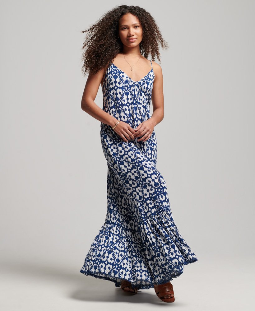 Womens - Long Cami Dress in Arrow Ikat Blue | Superdry UK