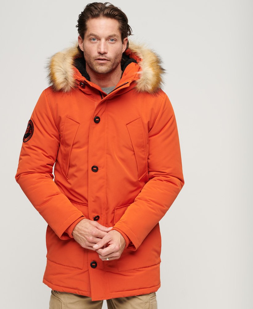 Men\'s - Everest Faux Fur Hooded Parka Coat in Pureed Pumpkin Orange |  Superdry UK