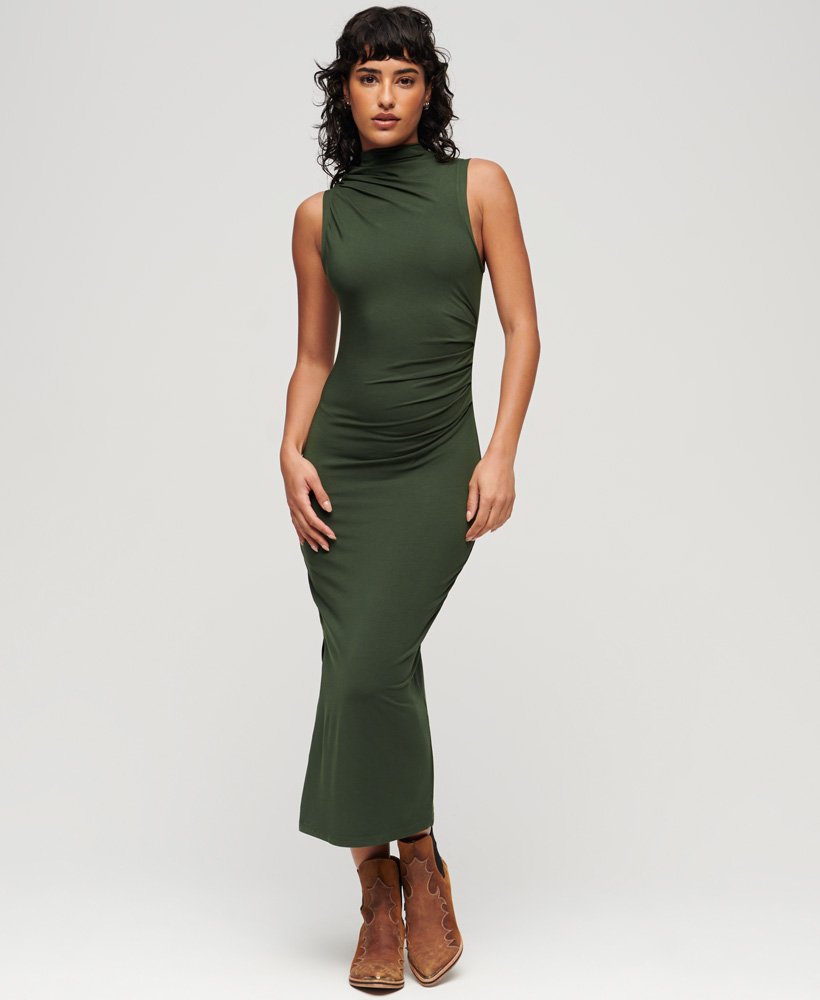 Womens - Ruched Jersey Midi Dress in Duffle Bag Green | Superdry UK