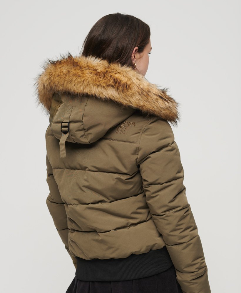 Khaki puffer jacket 2025 with faux fur hood