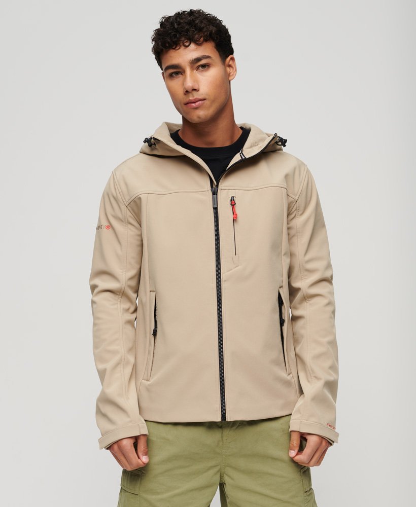 Men's - Fleece Lined Softshell Hooded Jacket in Beige | Superdry UK