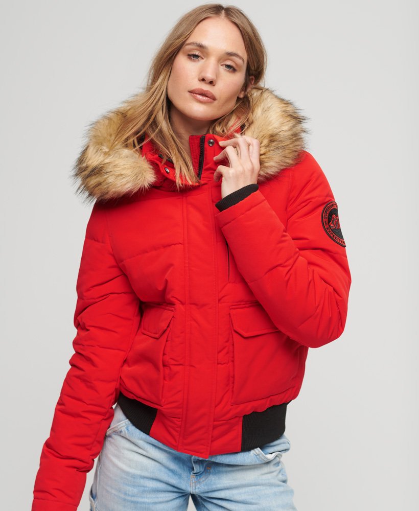 Women's Hooded Everest Puffer Bomber Jacket in High Risk Red