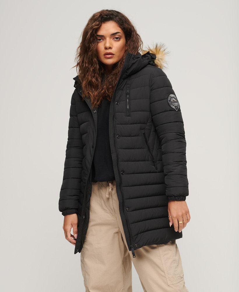 Womens - Fuji Hooded Mid Length Puffer Coat in Black | Superdry UK