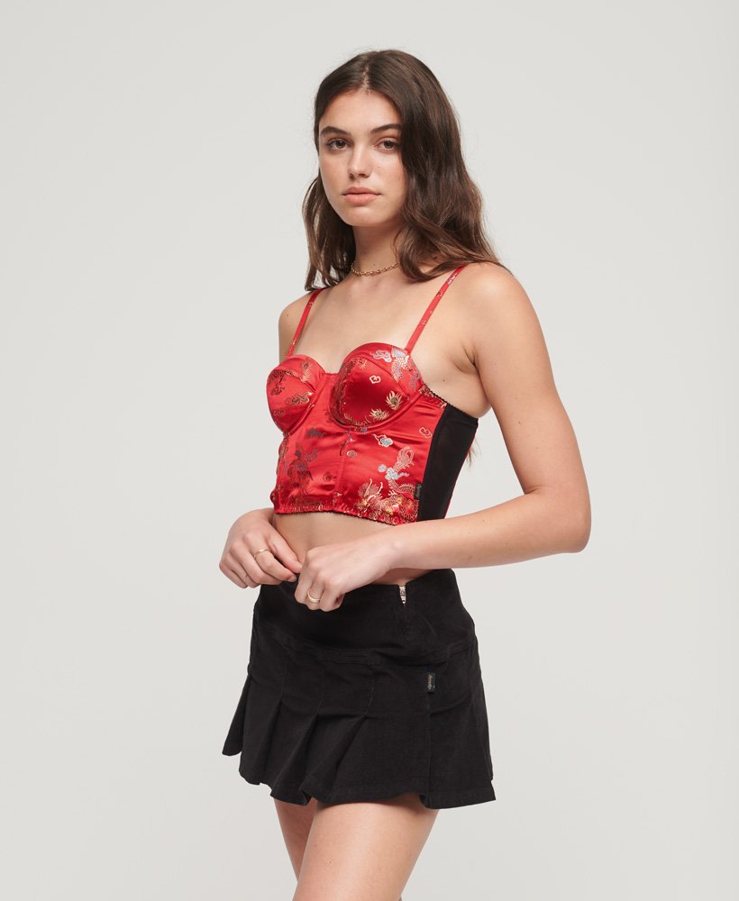 Womens - Satin Floral Embroidered Corset Top in Red Brocade