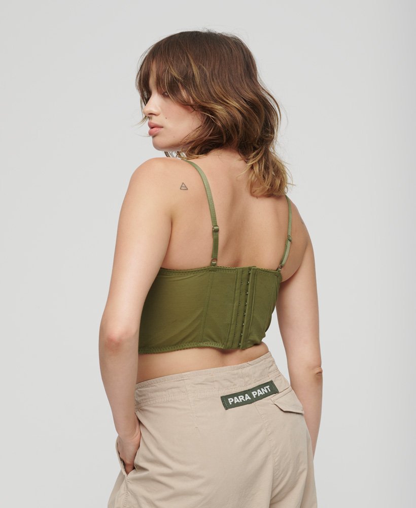 Womens - Satin and Mesh Lace Corset Top in Khaki Olive