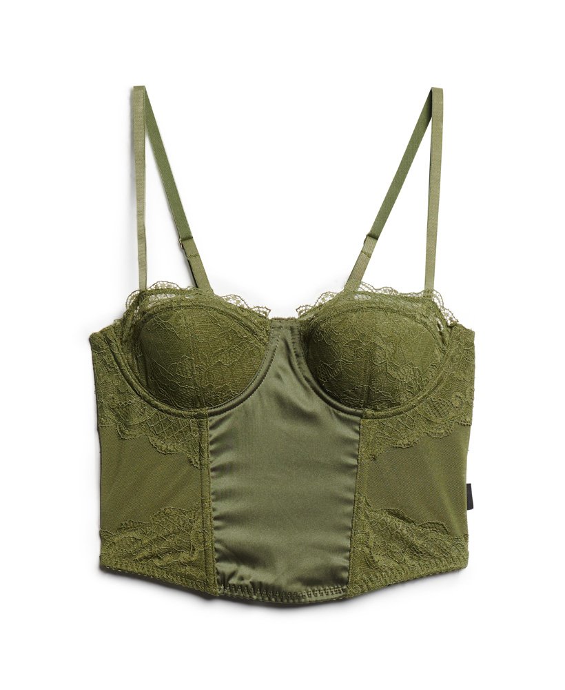 Womens - Satin and Mesh Lace Corset Top in Khaki Olive