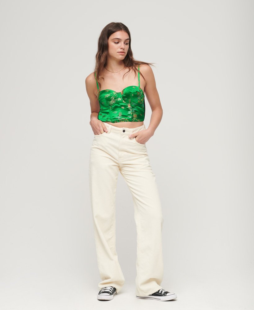 Women's Satin Floral Embroidered Corset Top in Green Brocade
