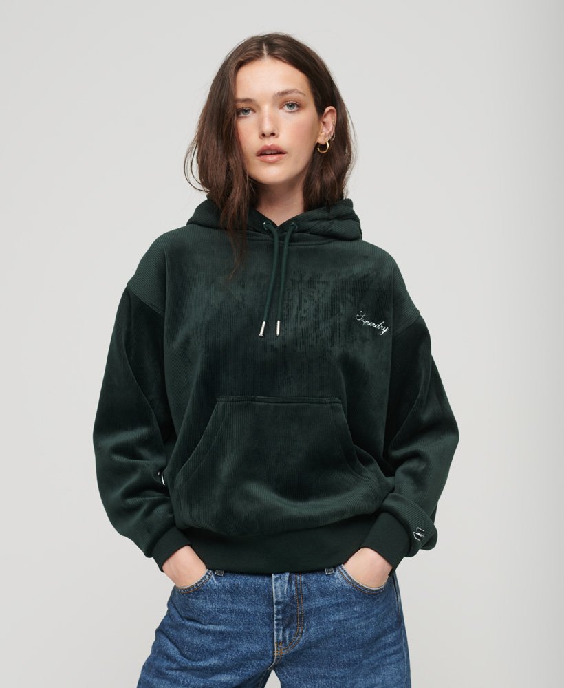 Femme Sweat a capuche droit en velours effet maille perdue Vert Fonce Academy Superdry FR