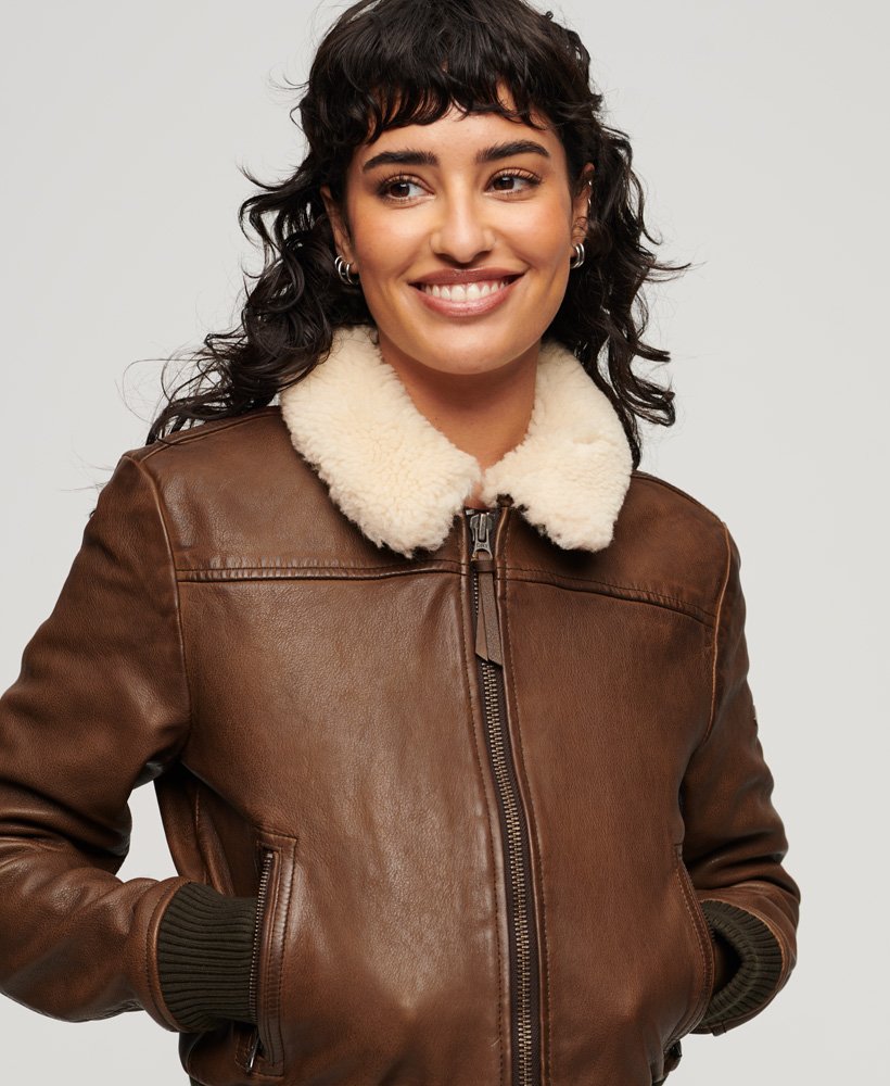 Womens - Leather Borg Collar Jacket in Brown | Superdry UK