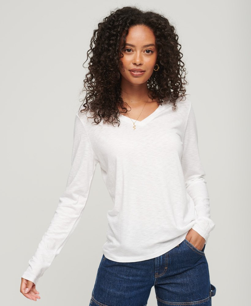 Women's Long Sleeve Jersey V-Neck Top in Optic | Superdry US