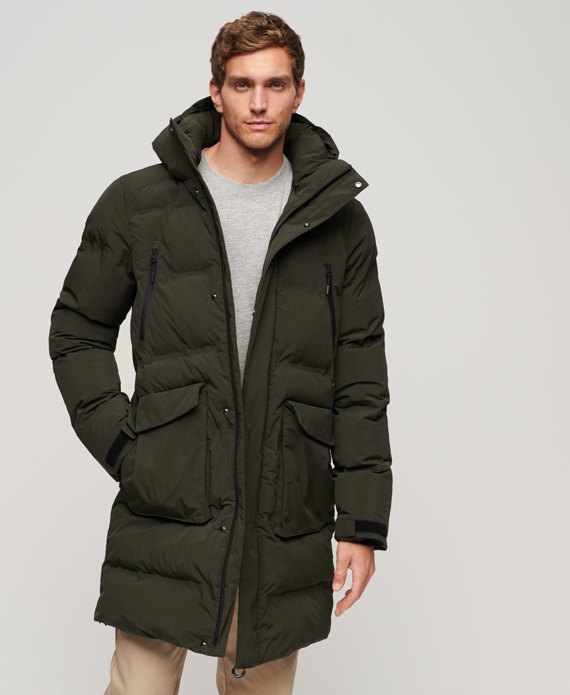 Men's - Hooded Longline Padded Jacket in Surplus Goods Olive | Superdry UK
