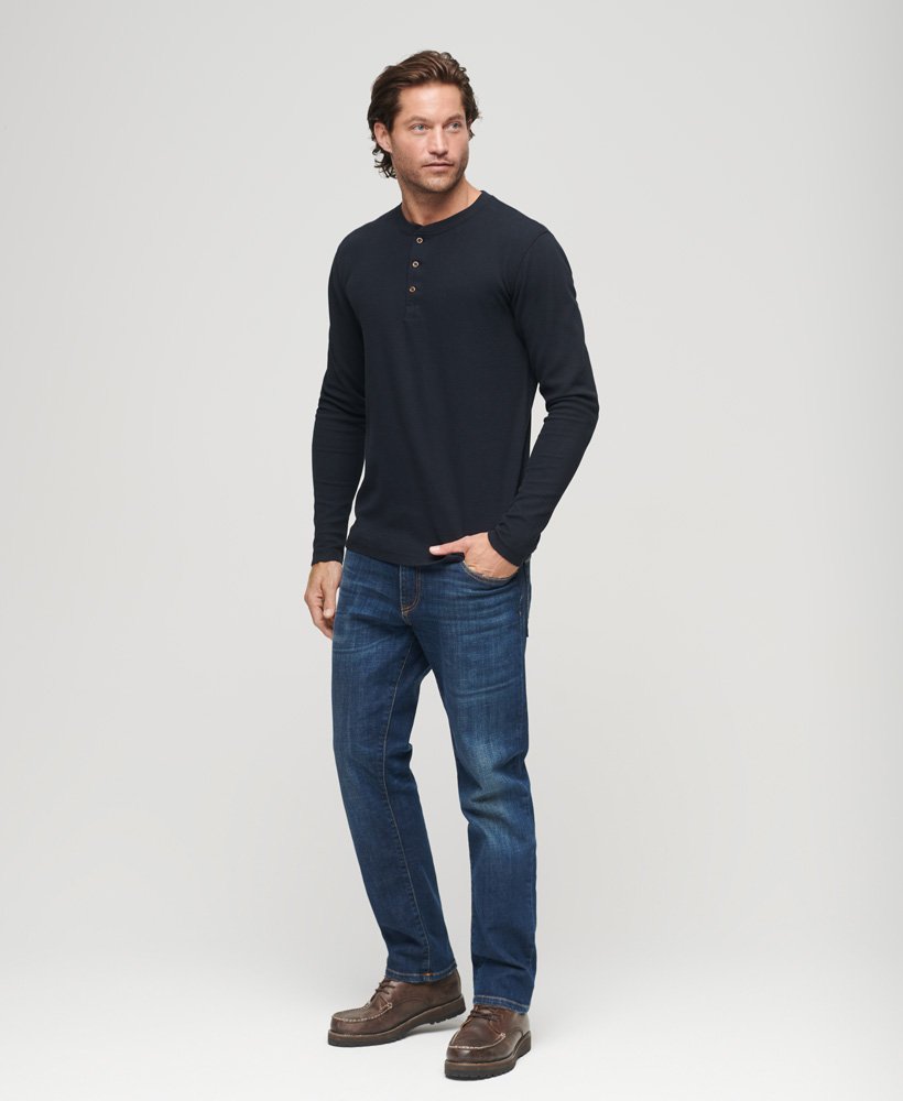 Men's - Relaxed Fit Waffle Cotton Henley Top in Eclipse Navy | Superdry UK